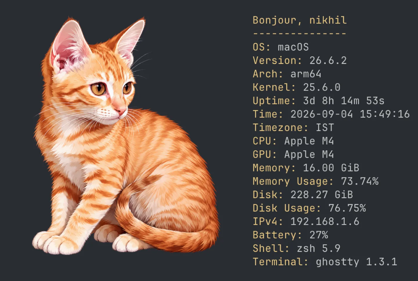 Purrpeek system report in Ghostty with Mongo artwork