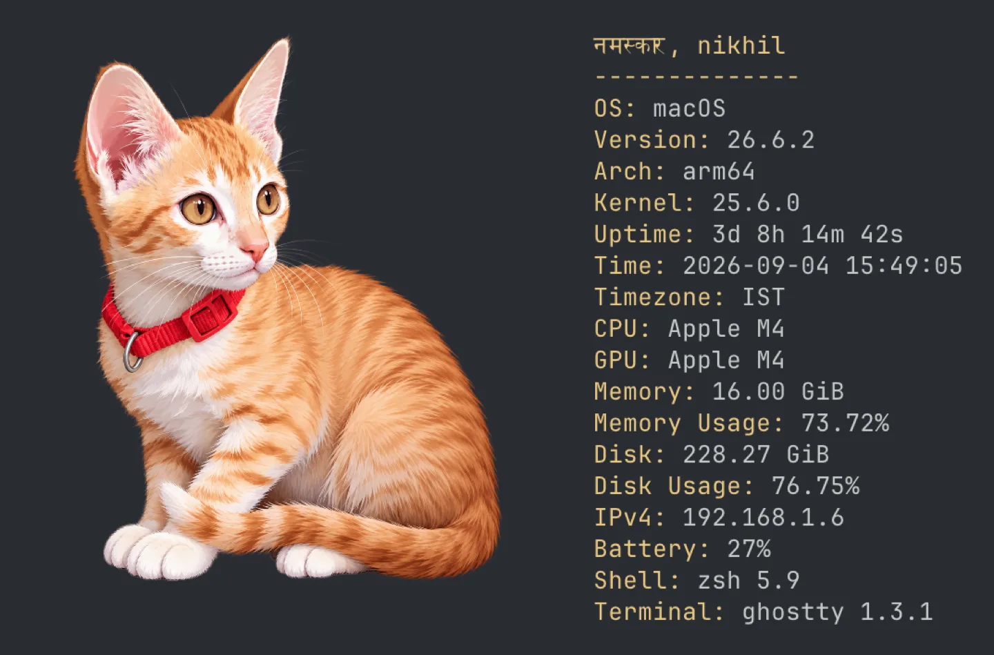 Purrpeek system report in Ghostty with Snow artwork